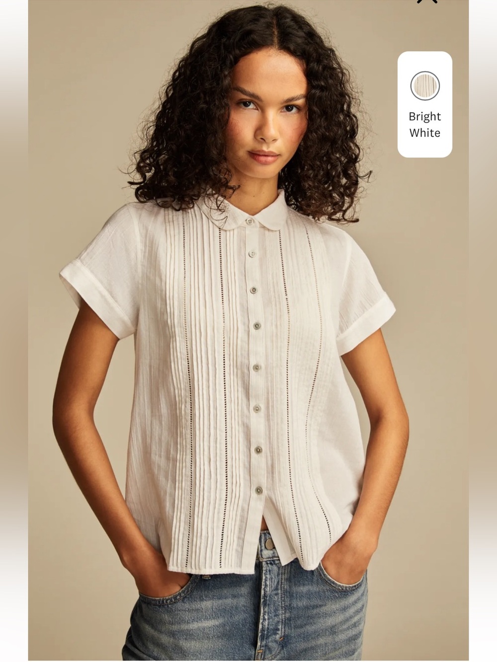Lucky Brand Ivory Pintuck Peter Pan Collar Button Up Cotton Blouse Size M
